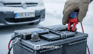 Test della batteria auto in inverno con multimetro per verificare tensione e segnali di cedimento prima della sostituzione