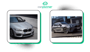 Confronto design BMW Serie 1 F70 2025 vs F40 2019 split image frontale