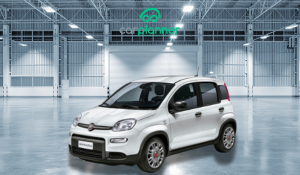 Immagine di una Fiat Panda in fase di manutenzione in officina con tecnico al lavoro